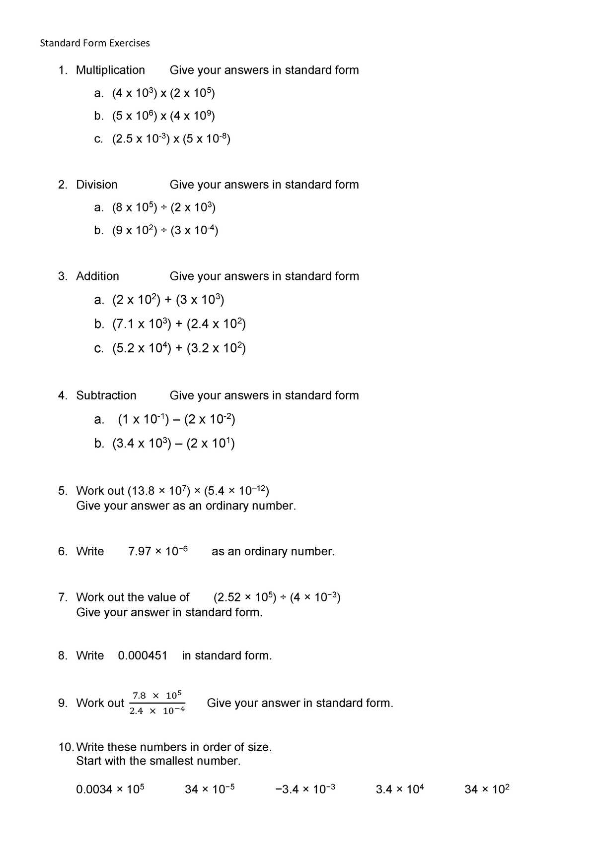 standard form exam questions and answers