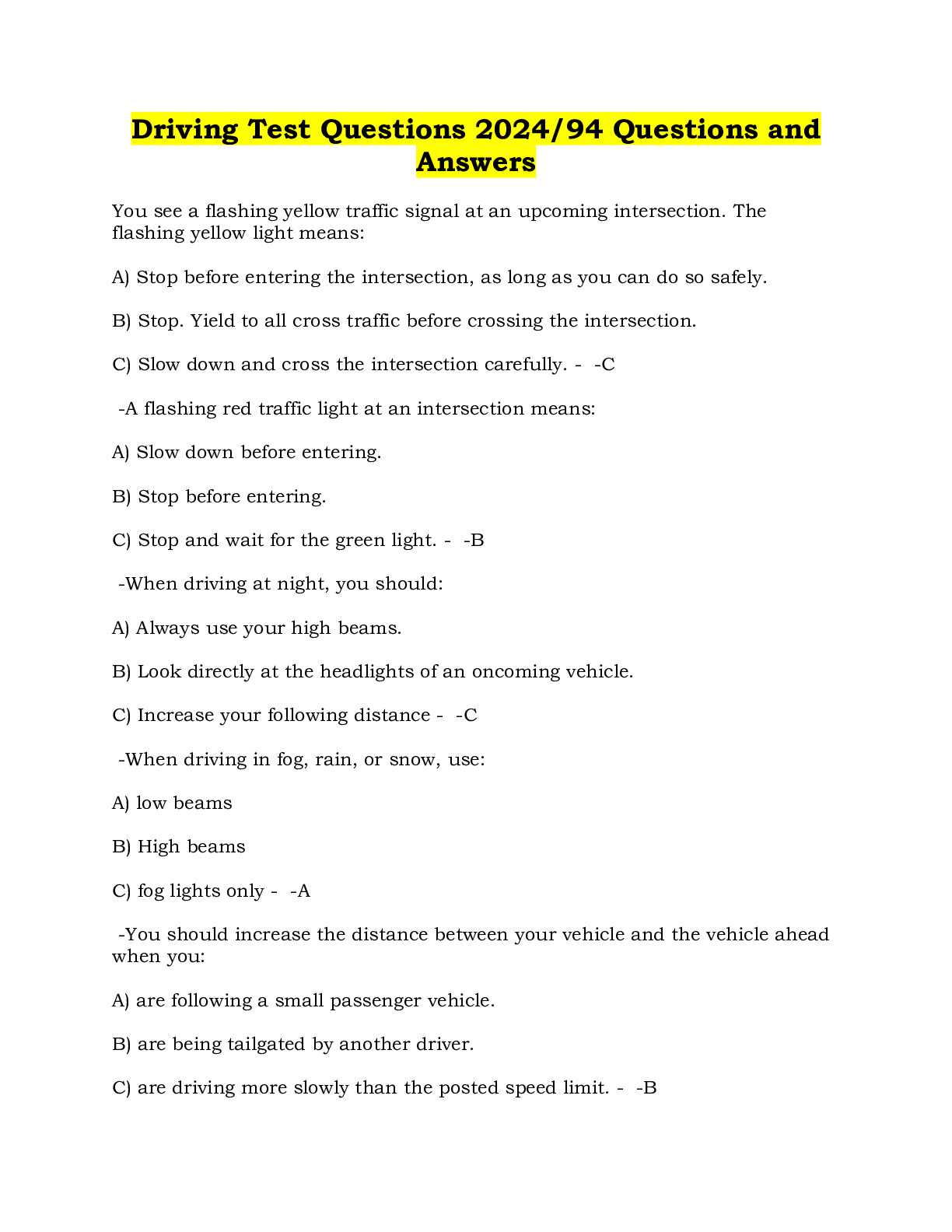 driving test written exam answers