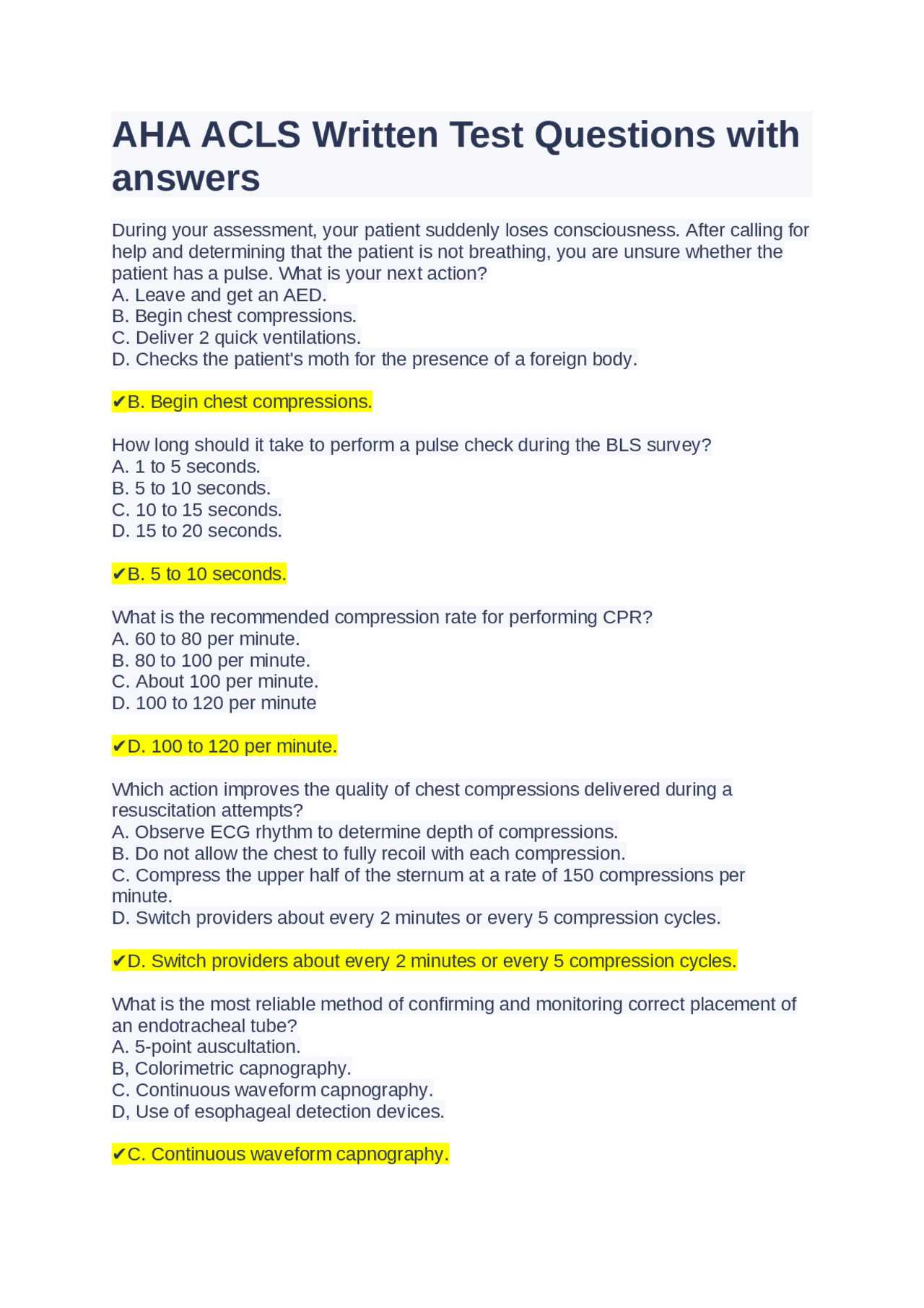 aha acls written exam answers