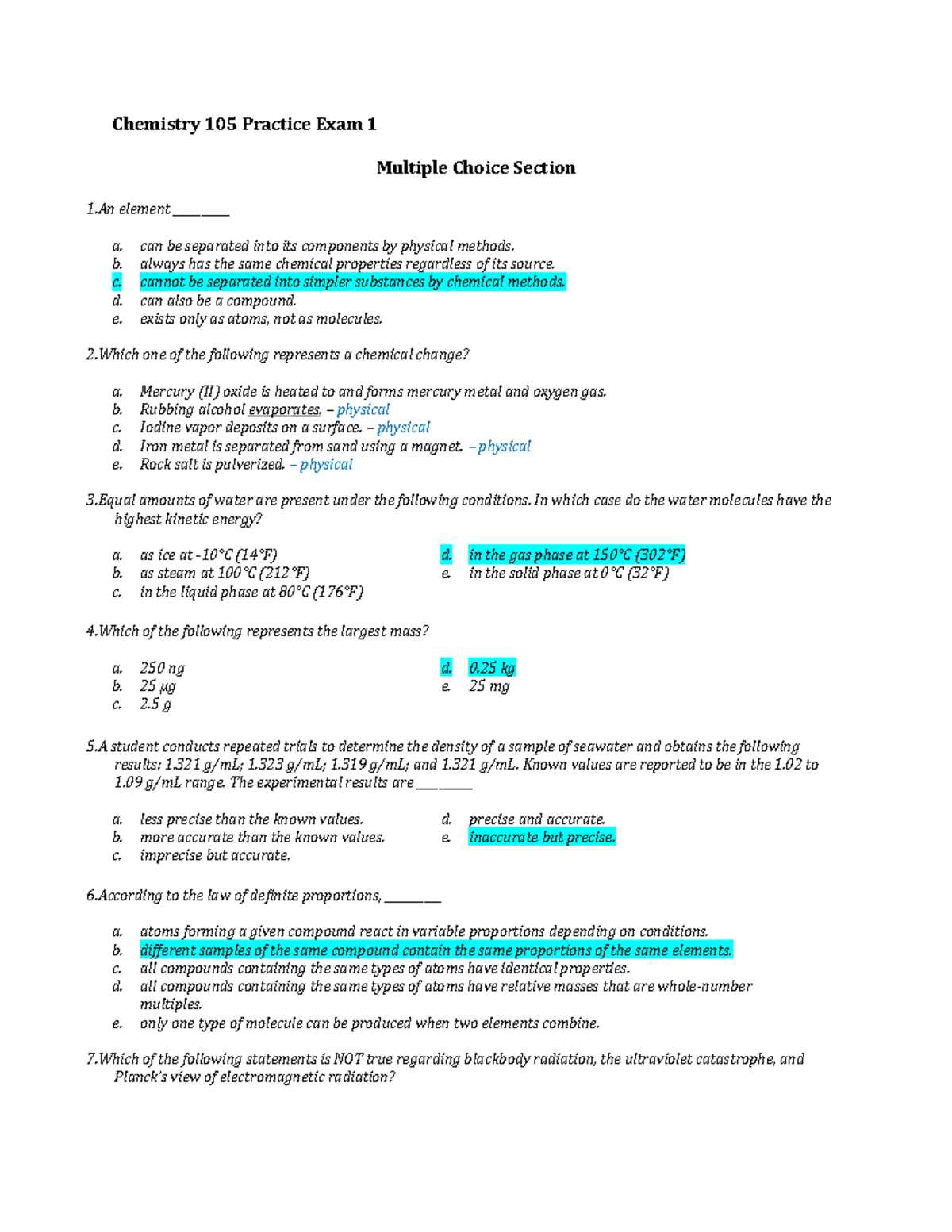 ap chemistry practice exam 1 multiple choice answers