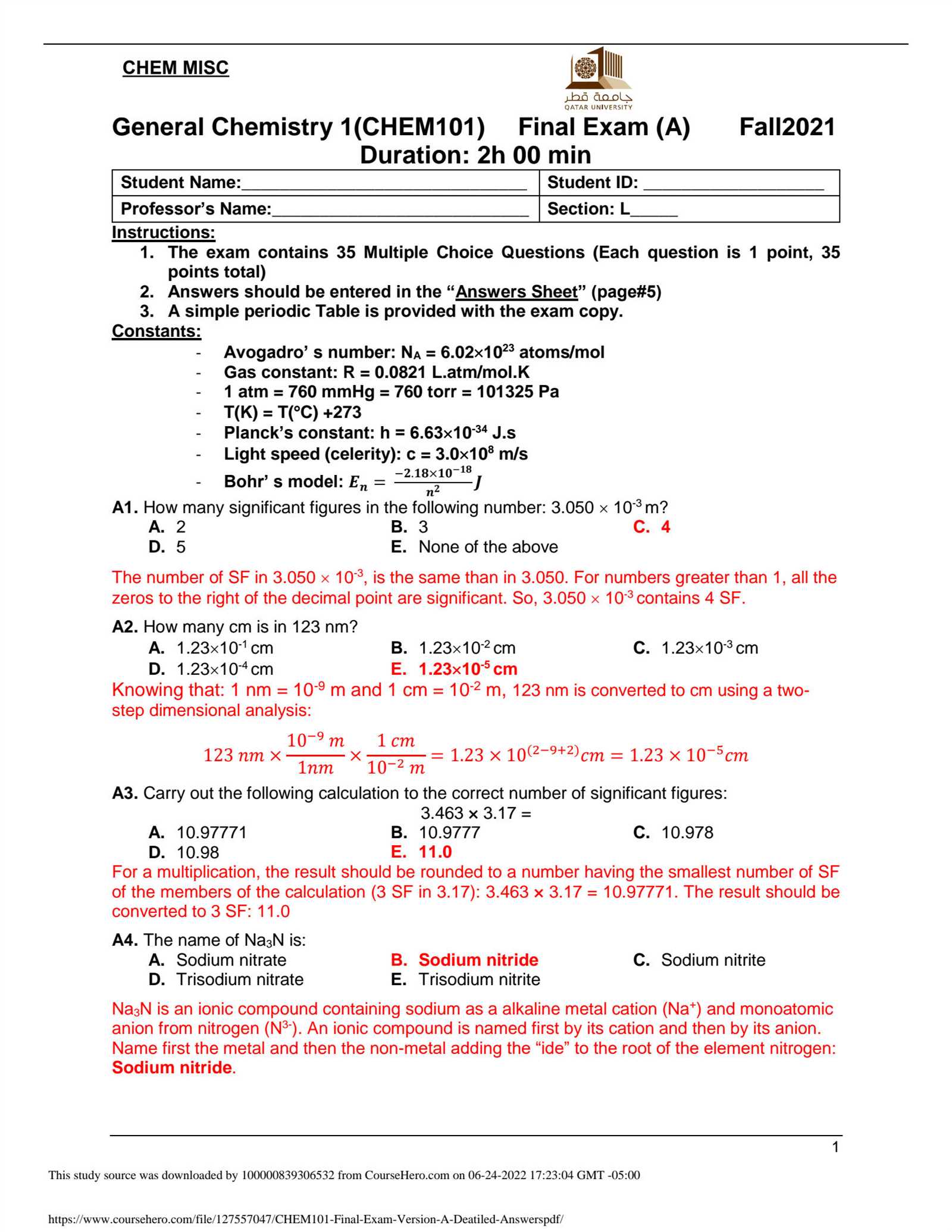 chemistry exam 1 answers