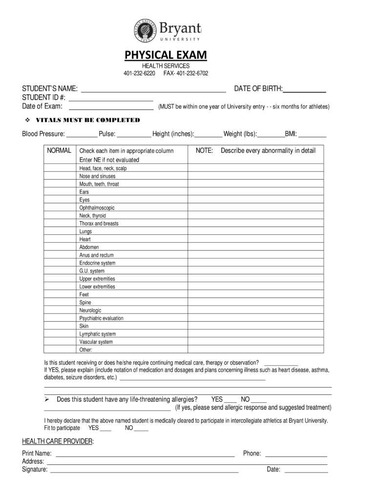 comprehensive physical exam template