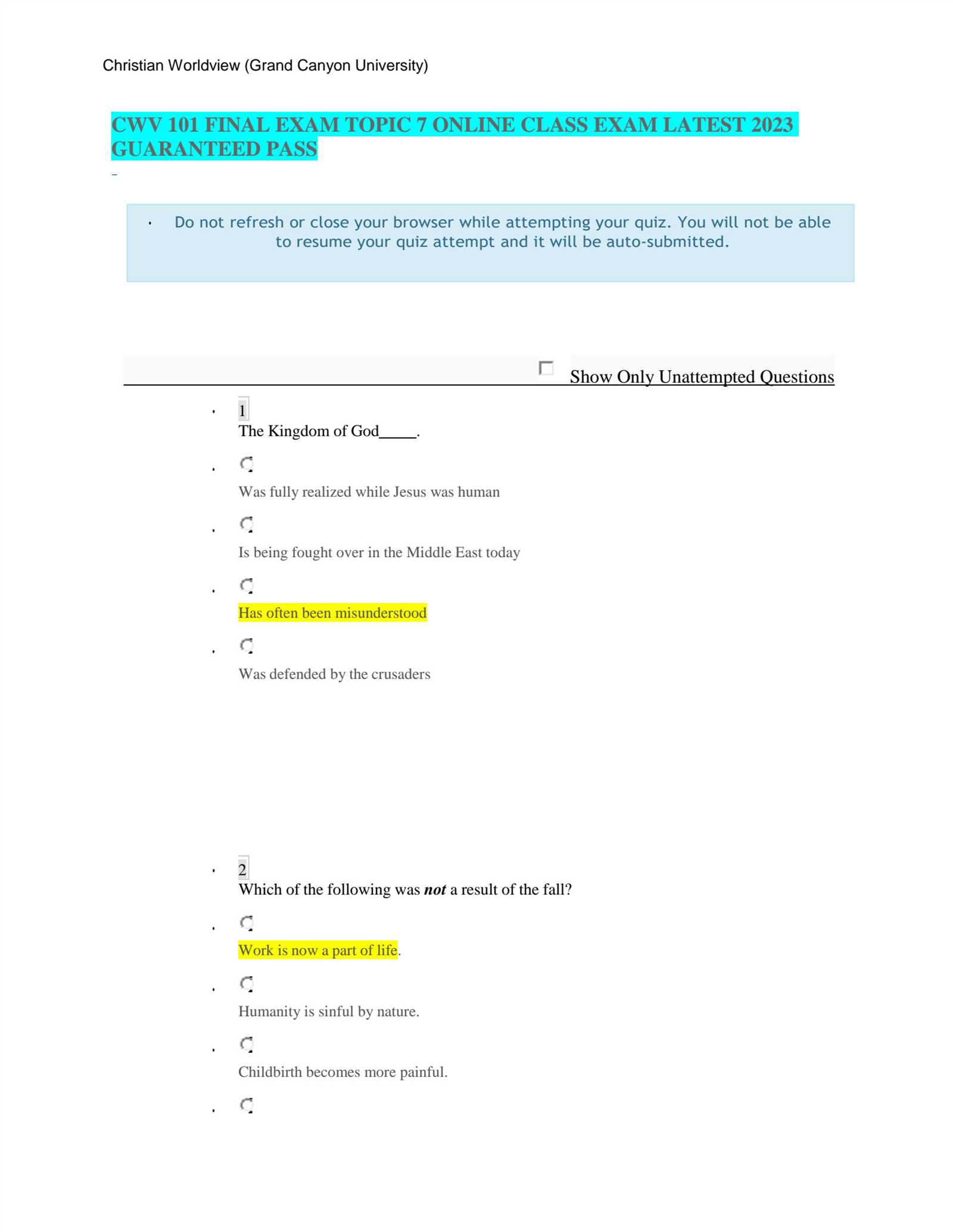 cwv 101 final exam answers