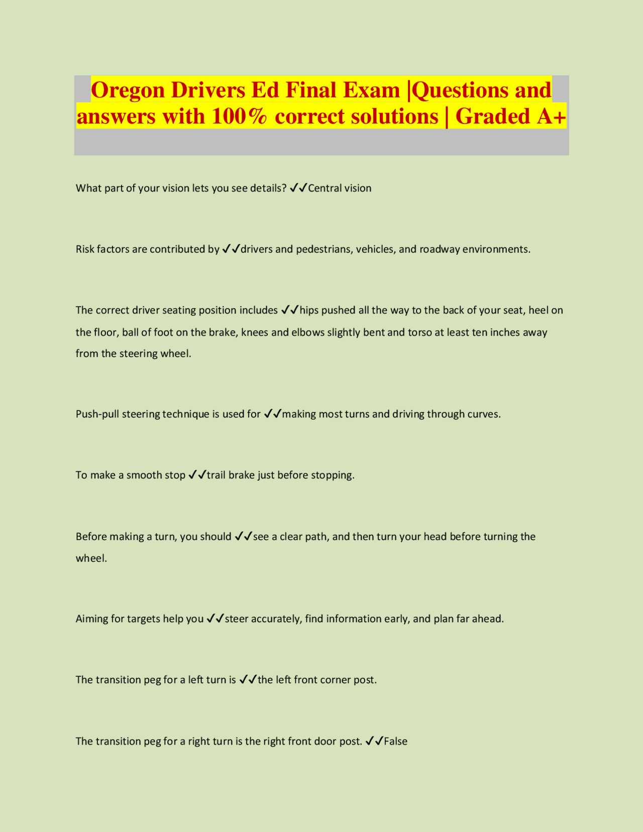drivers ed final exam answers