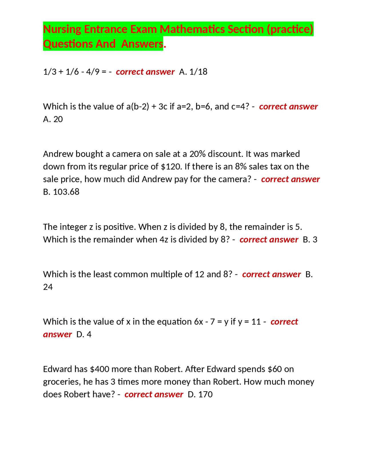 entrance exam questions with answers