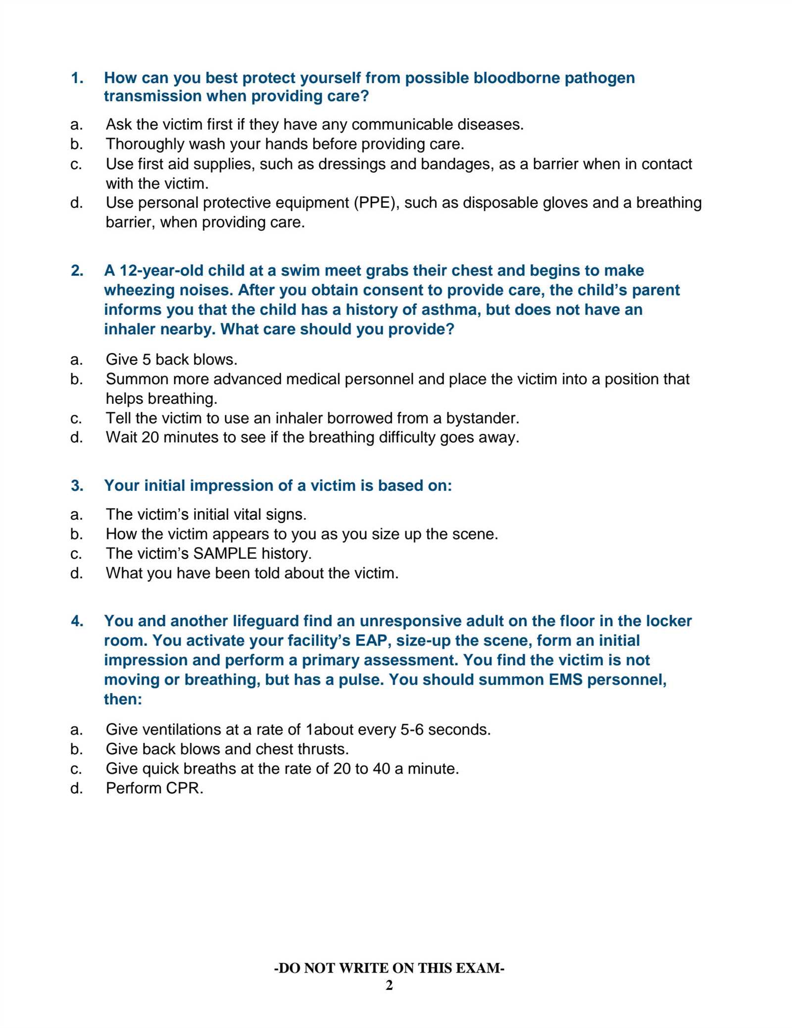 first aid written exam answers