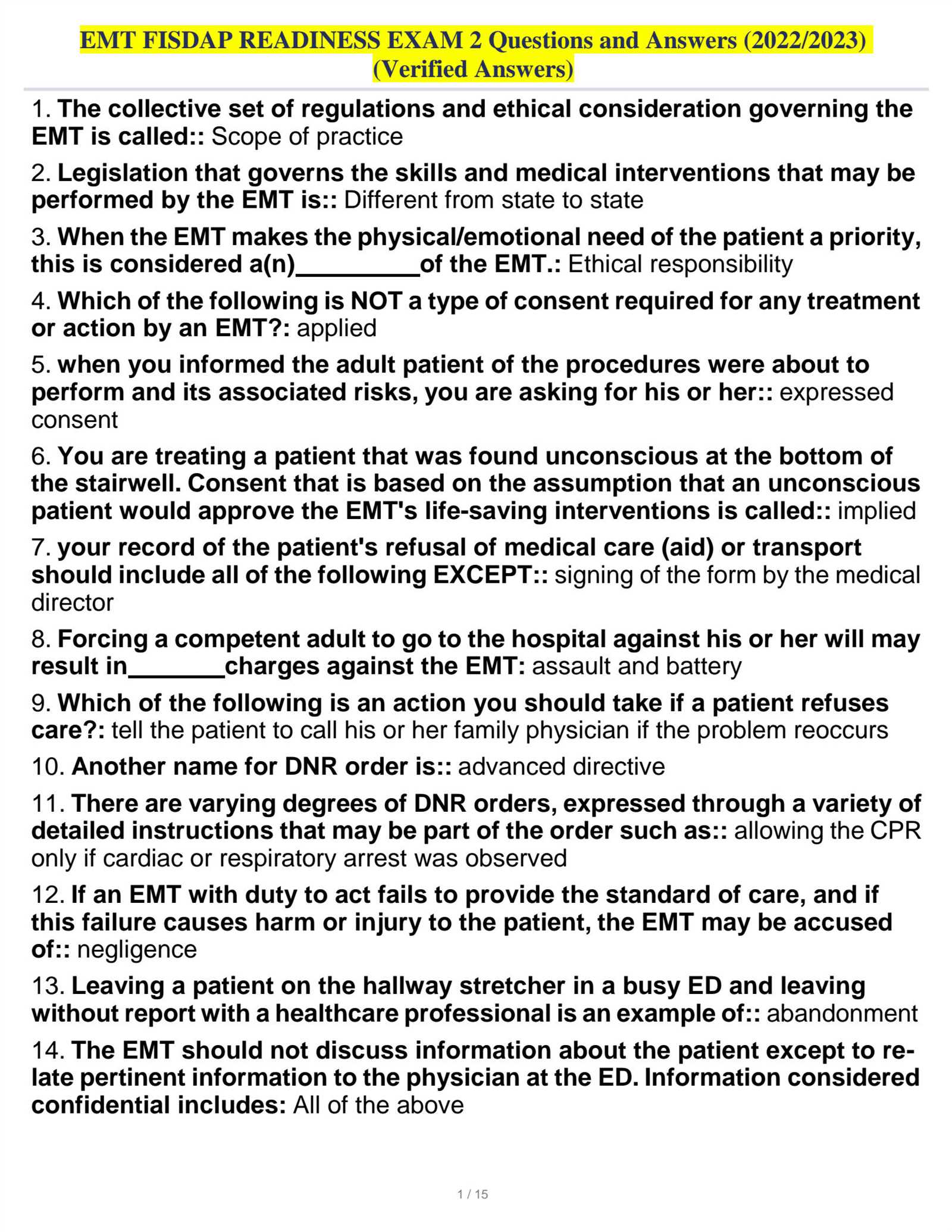 fisdap emt readiness exam answers