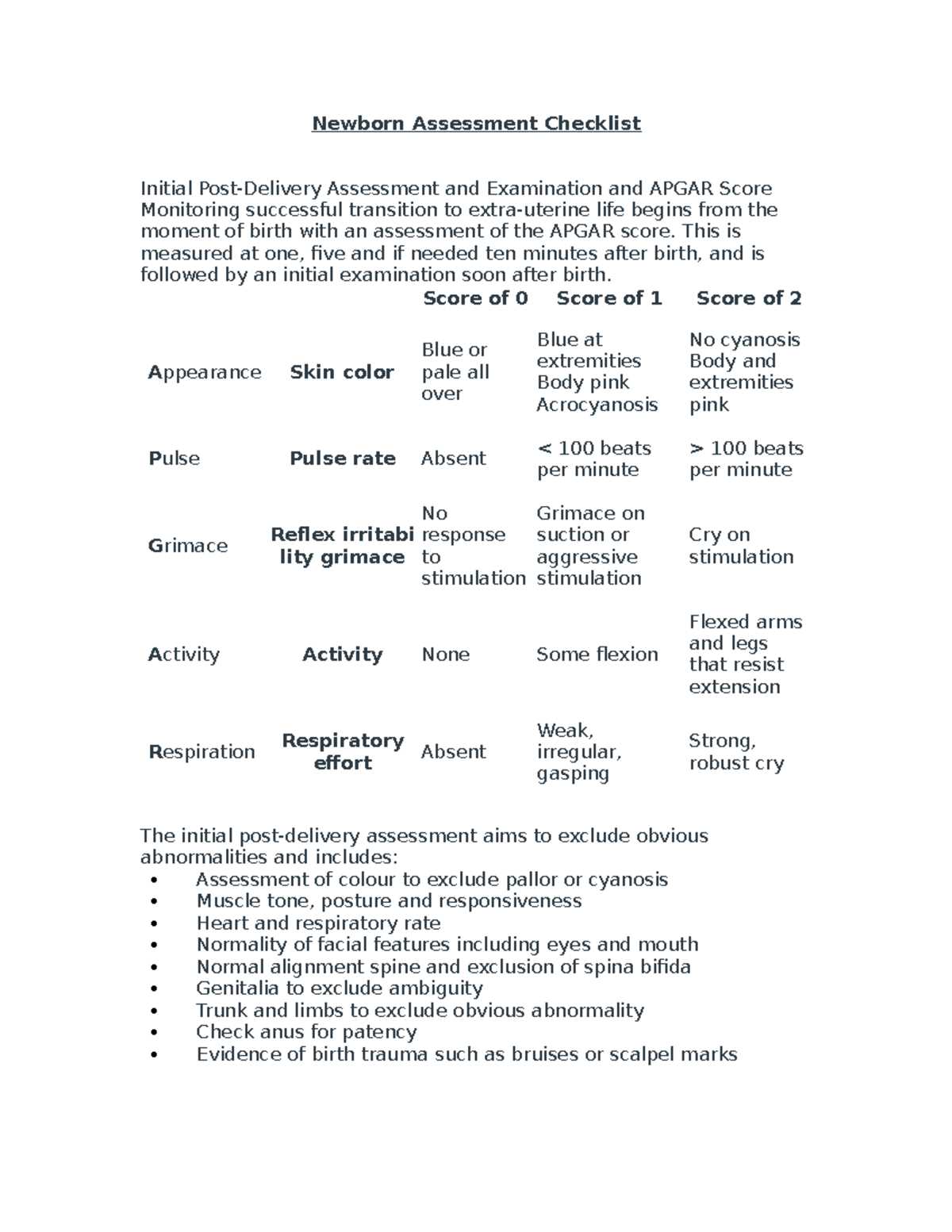 newborn physical exam checklist