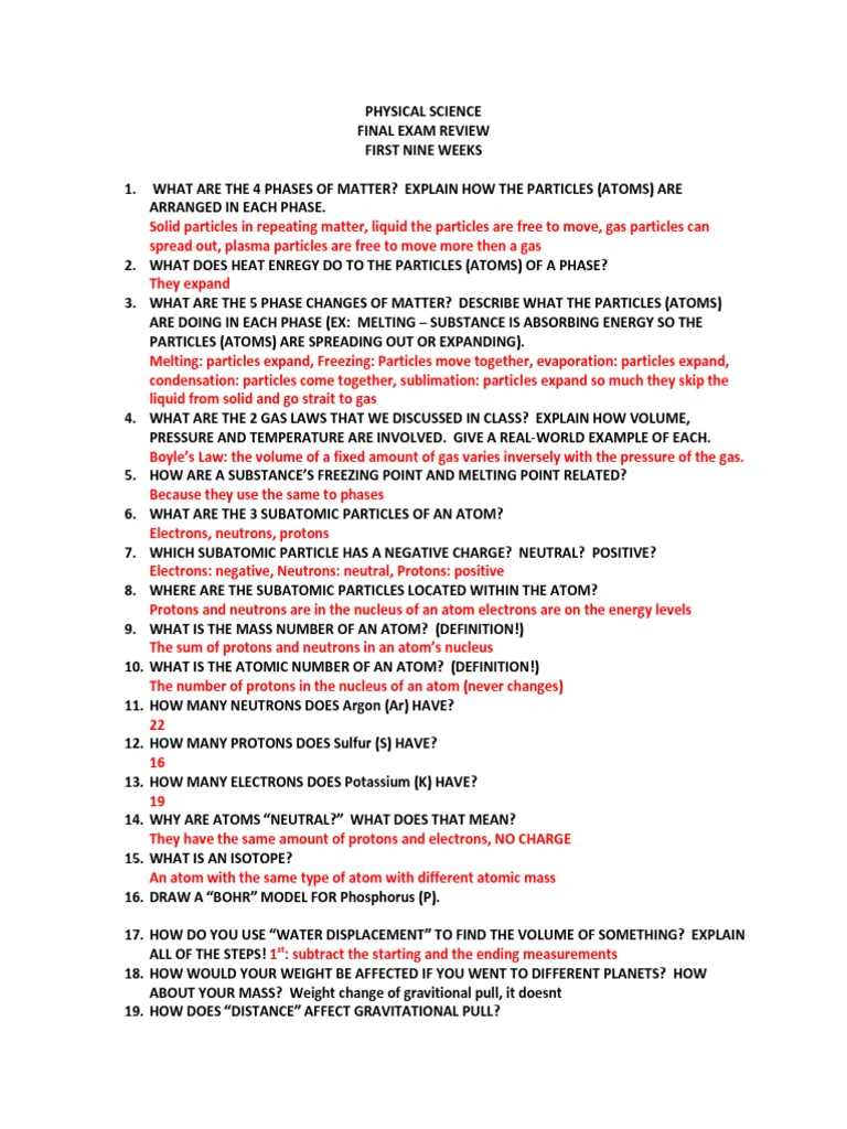 physical science exam answers
