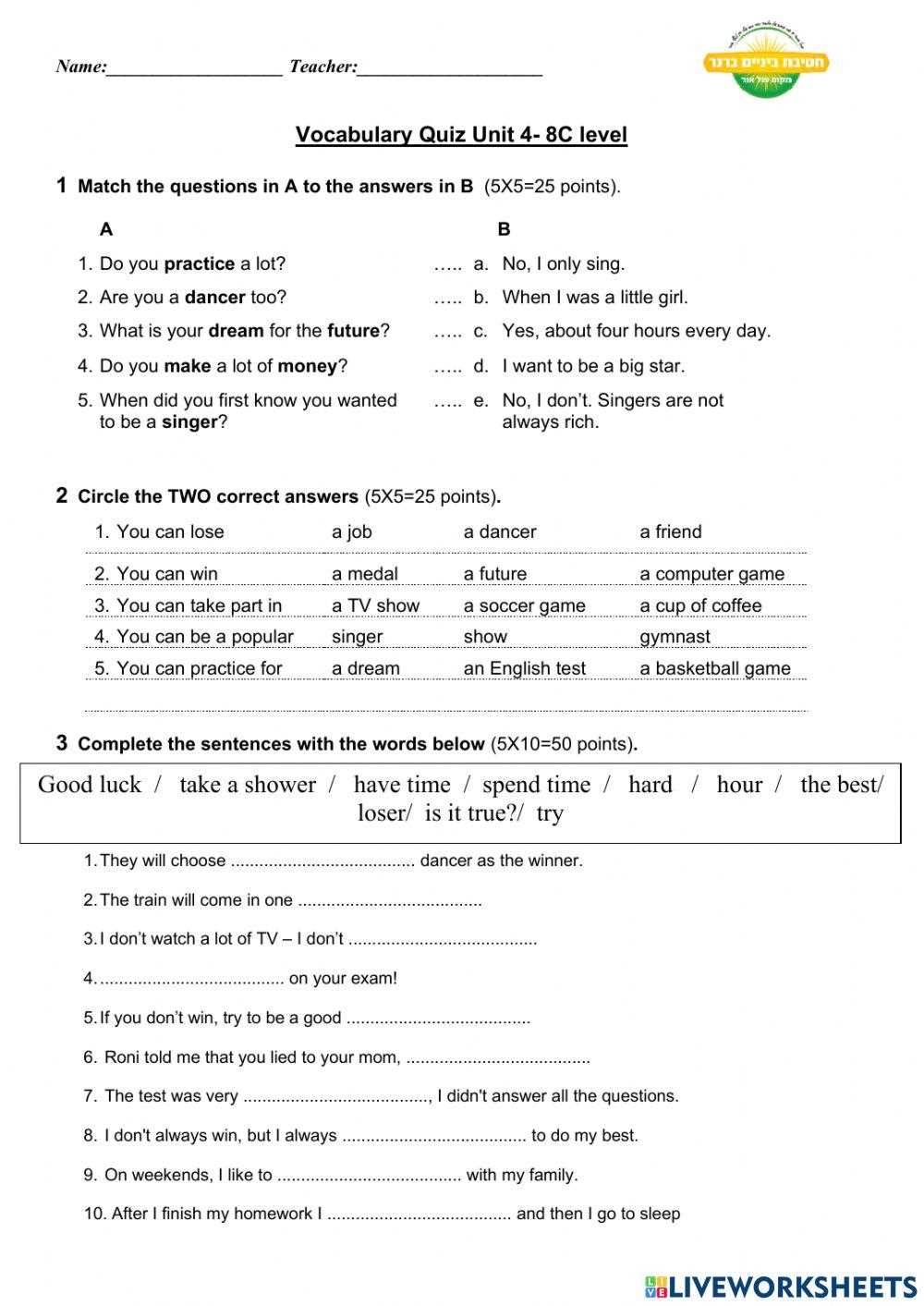 unit 4 vocab answers