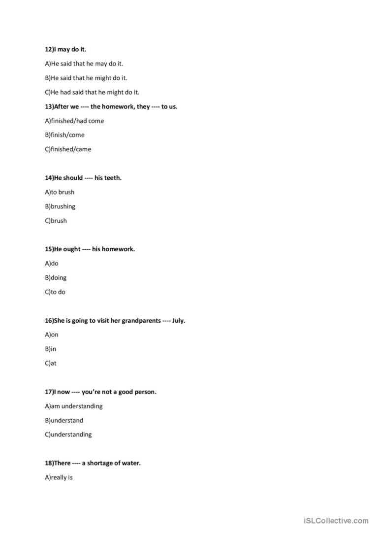 grammar exam with answer key