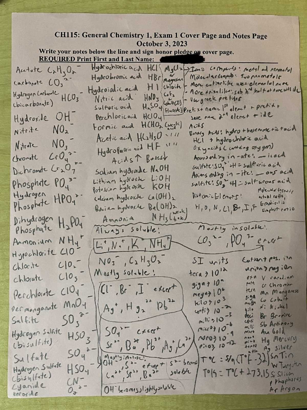 chemistry exam 1 answers