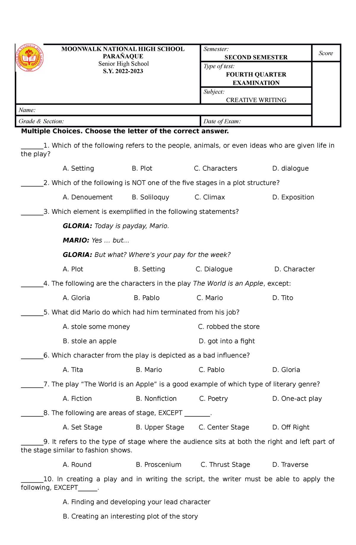 creative writing exam with answer key