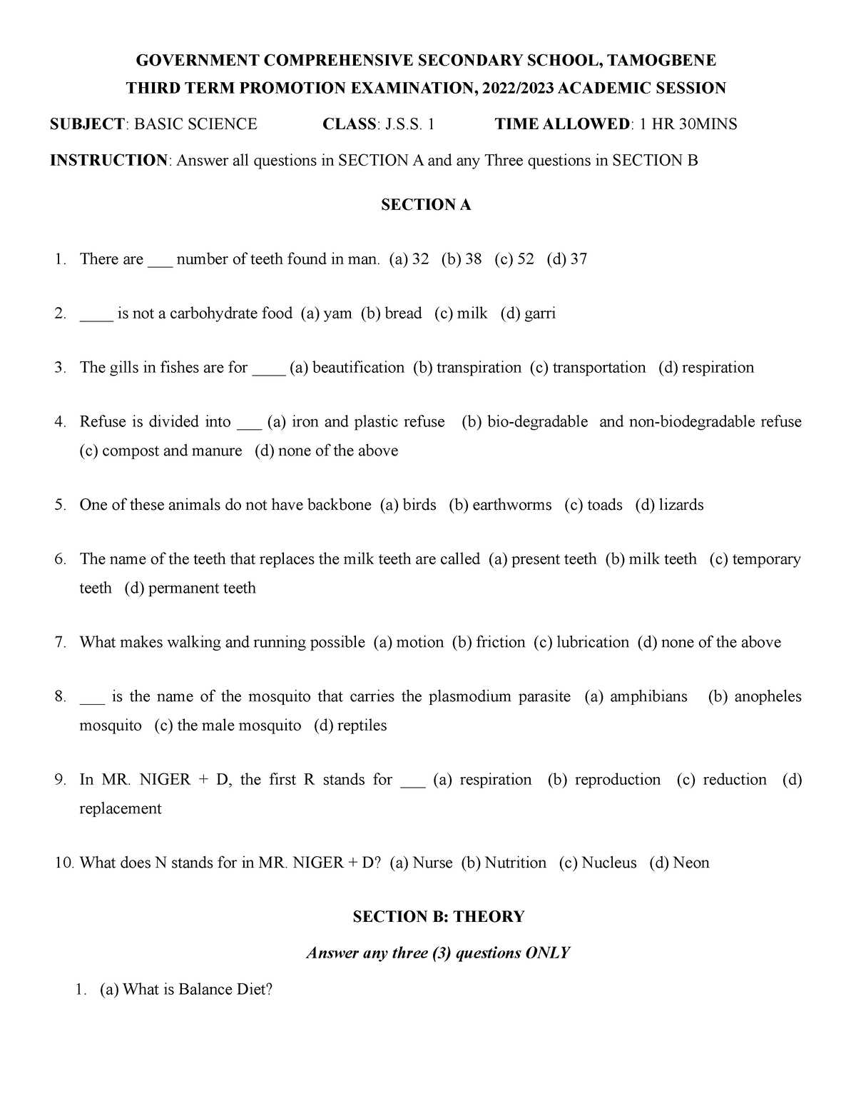 jss 1 exam questions and answers