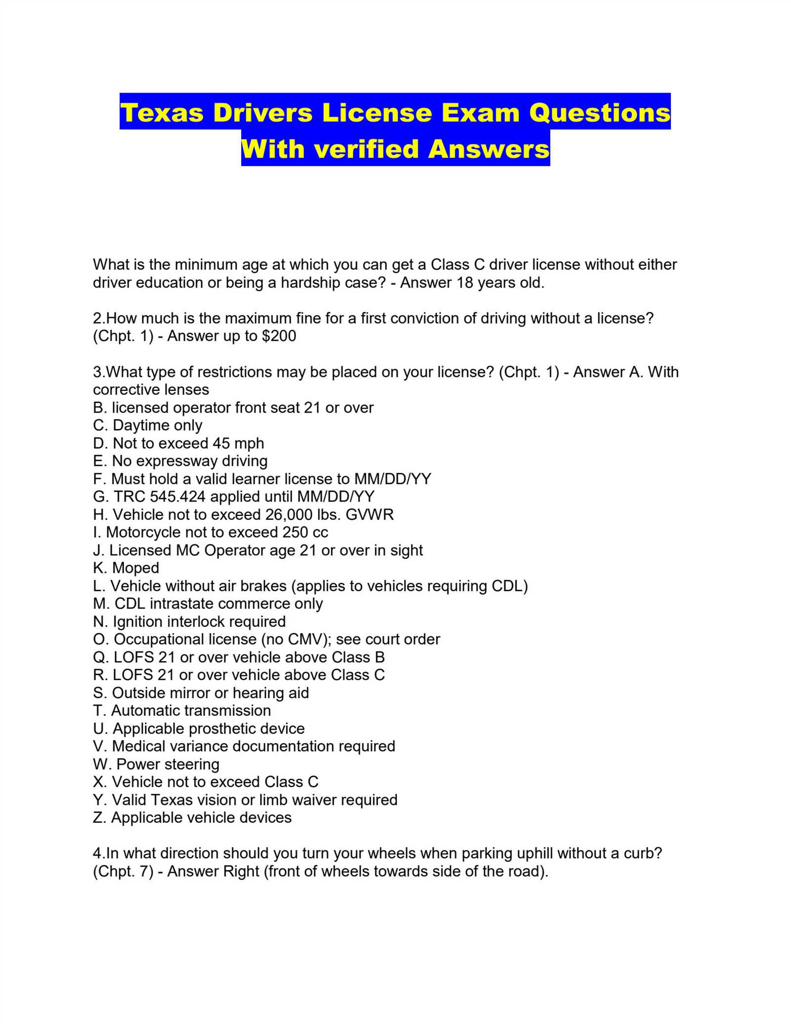 texas class c exam answers