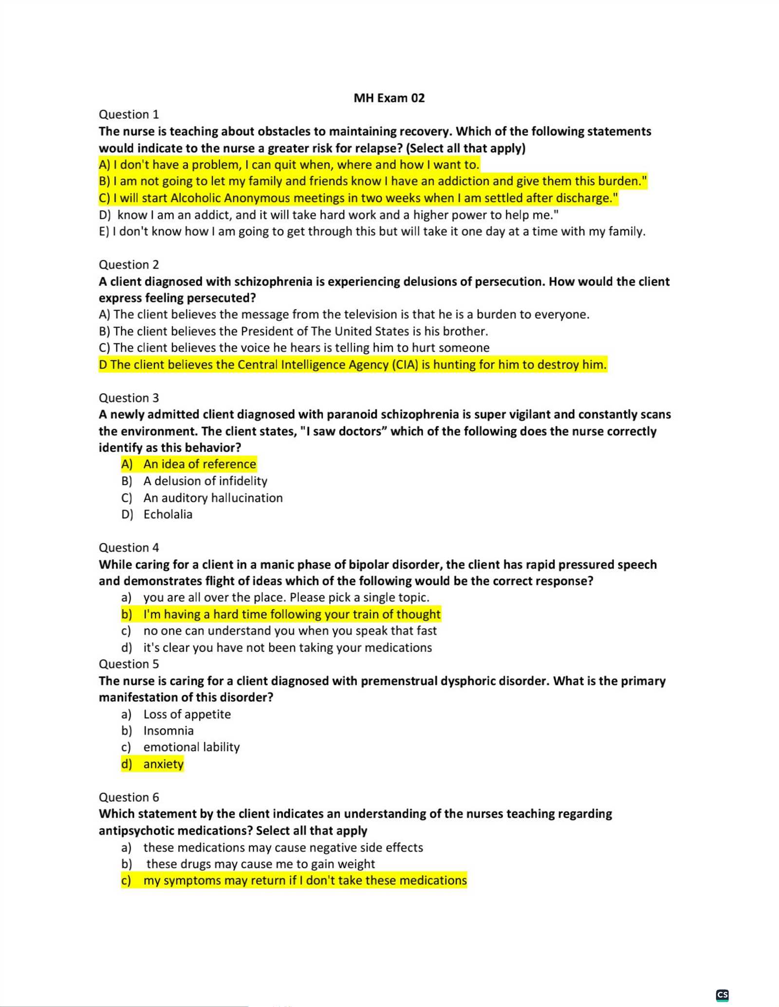rasmussen mental health exam 2 answers