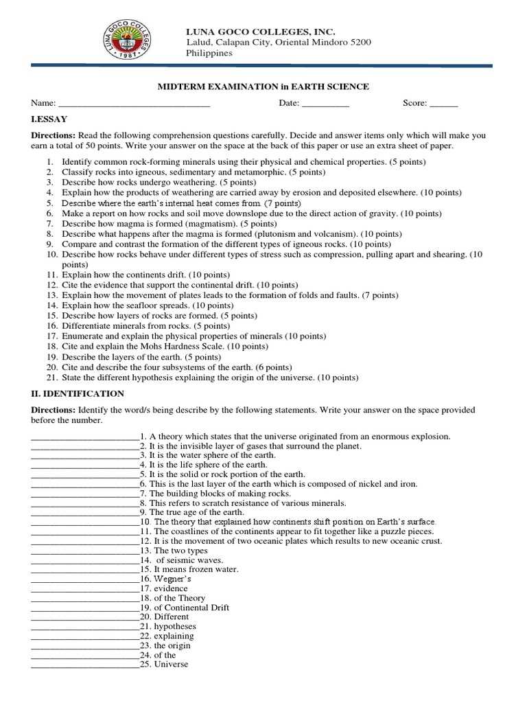 earth science midterm exam answers