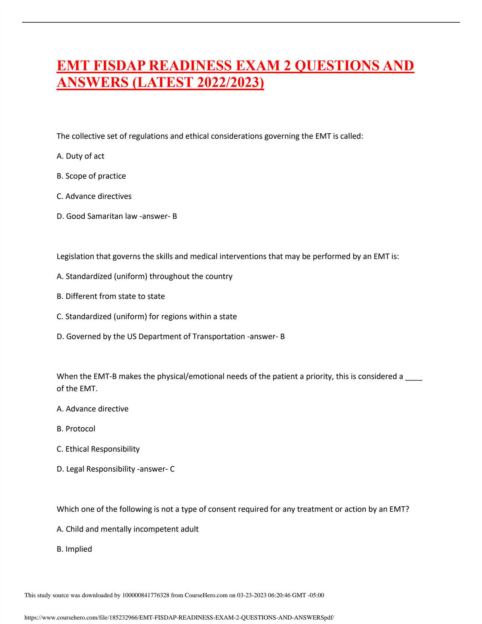 fisdap emt readiness exam answers