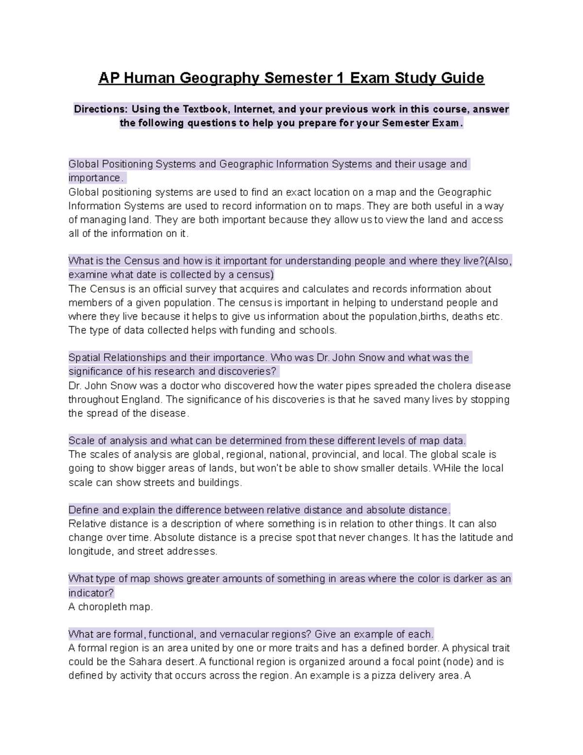 ap human geography semester 1 exam answers
