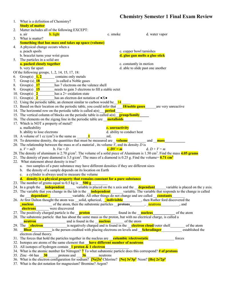 chemistry exam review answer key