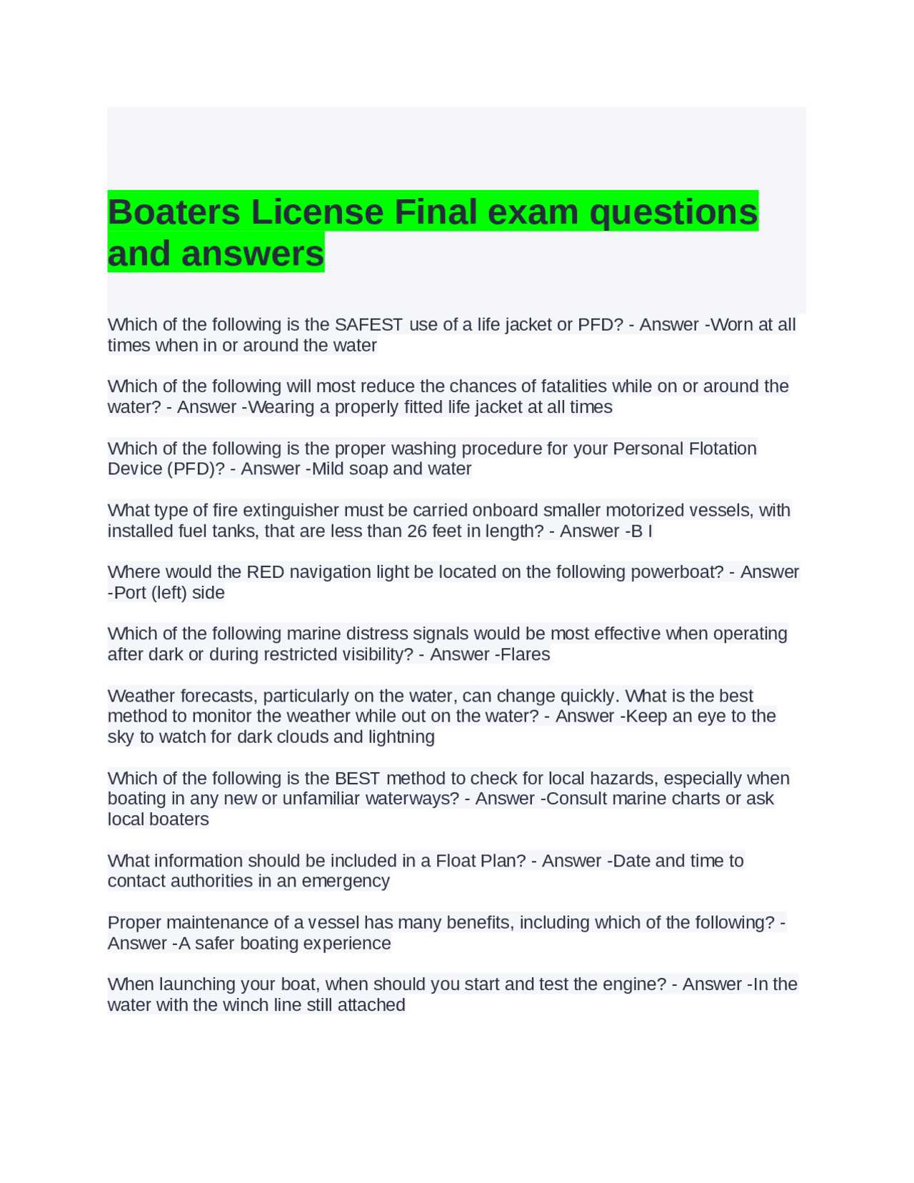boating license final exam answers