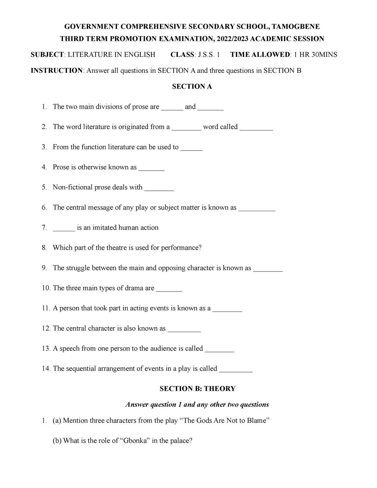 jss 1 exam questions and answers