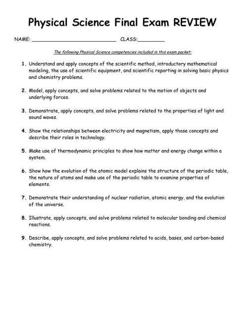 physical science exam answers