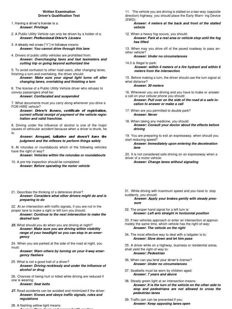 driving test written exam answers