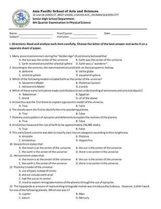 physical science exam answers