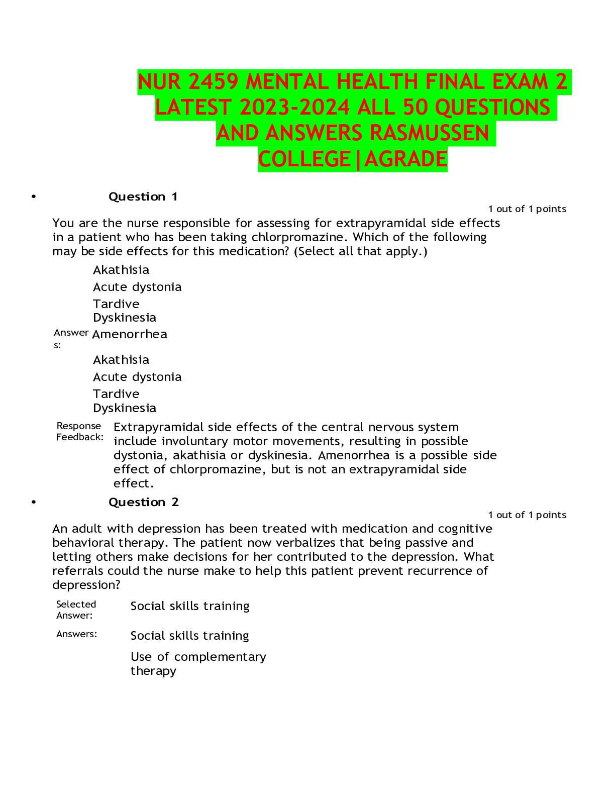 rasmussen mental health exam 2 answers