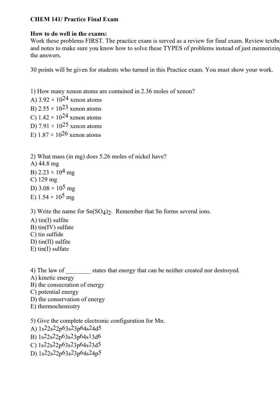 chemistry semester 1 exam review