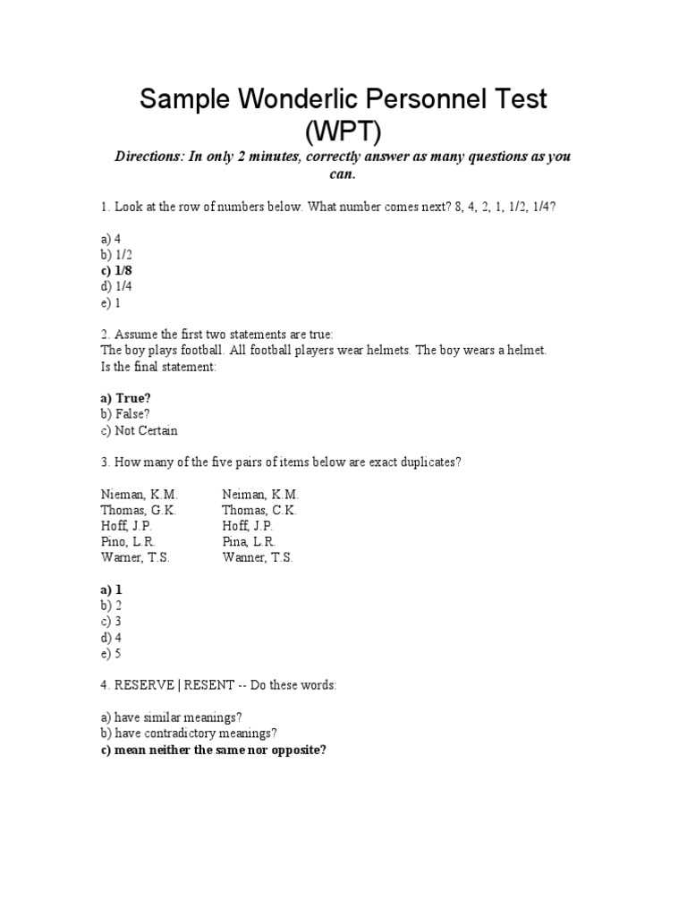 sample wonderlic tests with answers