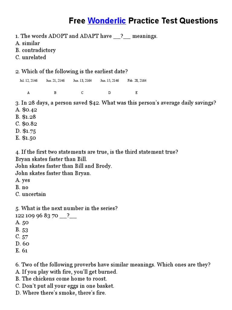 sample wonderlic tests with answers