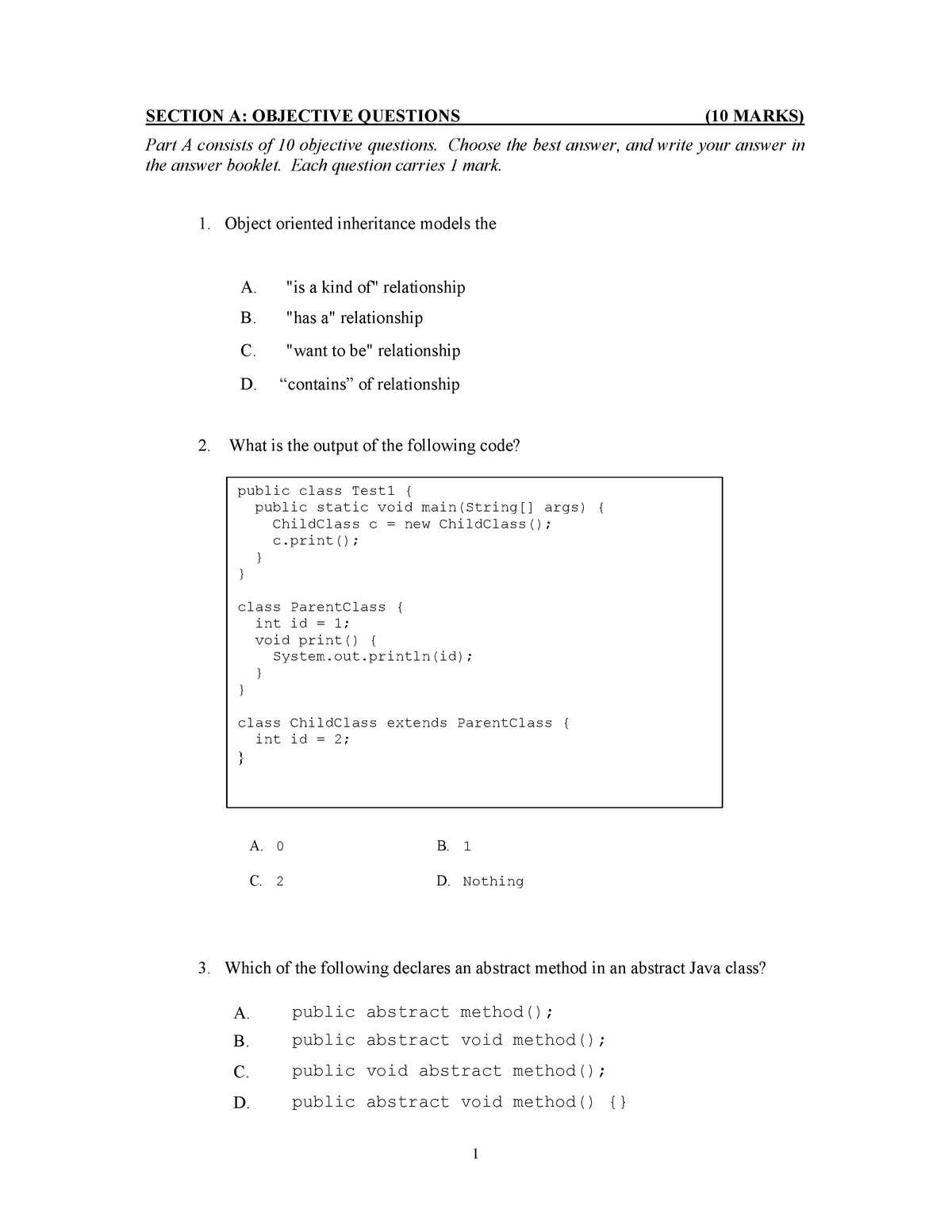 object oriented programming java exam questions and answers