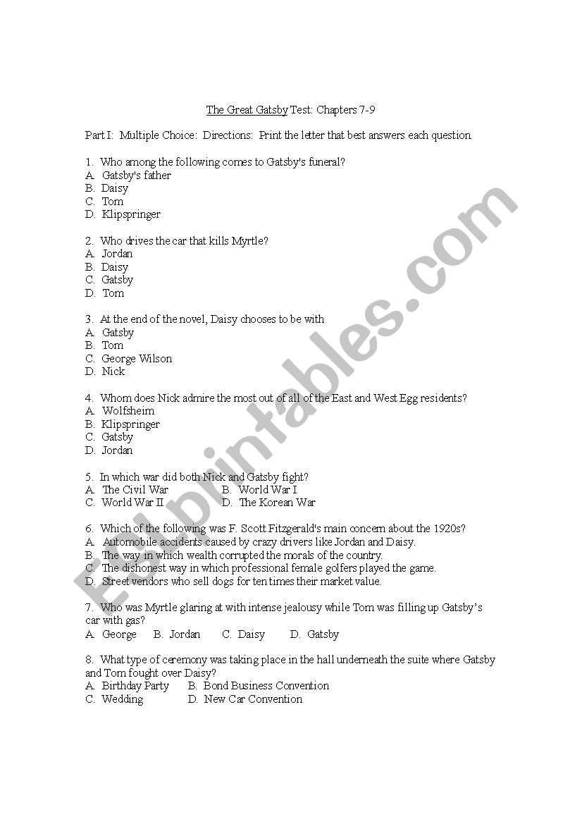 the great gatsby chapter 7 study guide answers