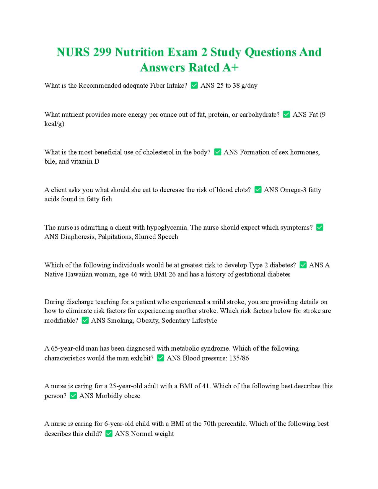 nutrition exam 2 questions and answers