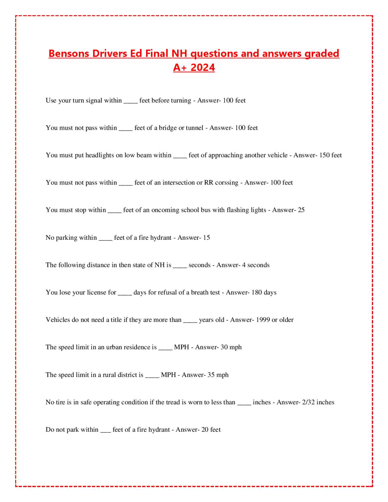 drivers ed answers final exam
