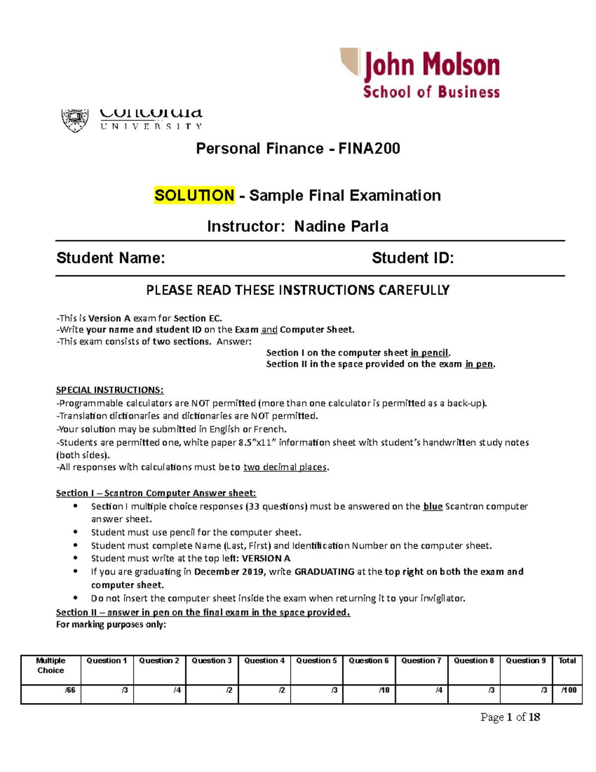 personal finance final exam review answer key