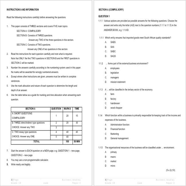 business exam questions and answers