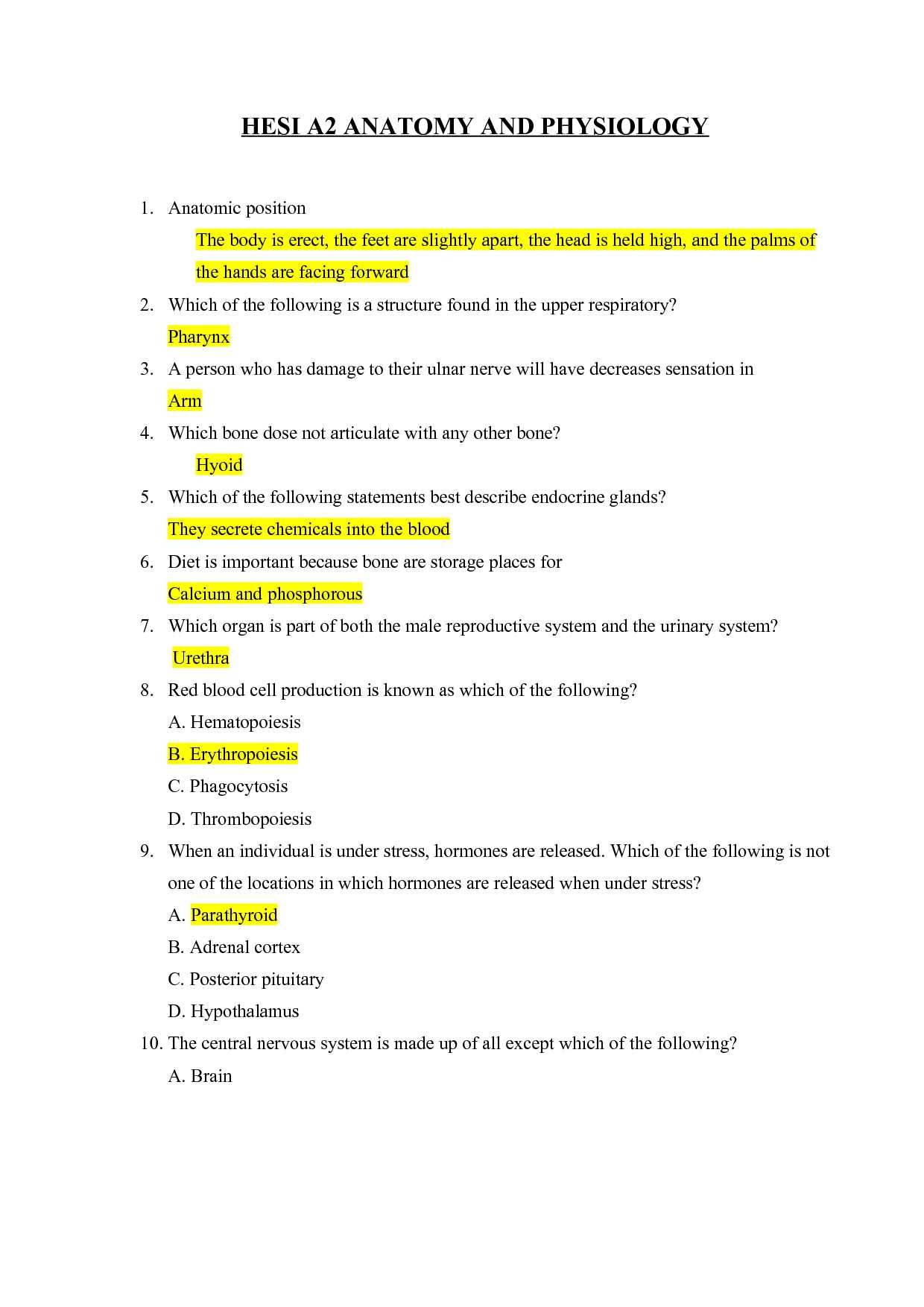anatomy and physiology final exam answer key