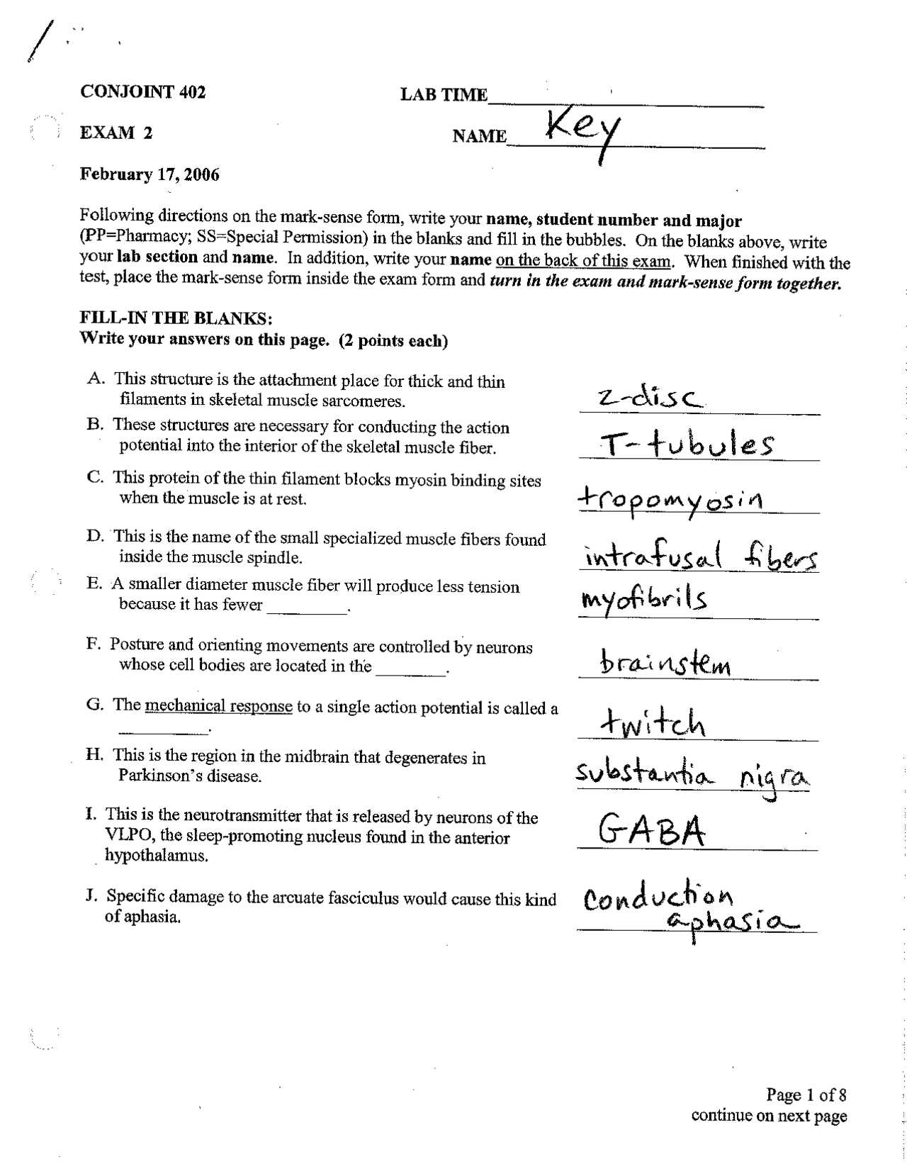 anatomy and physiology final exam answer key
