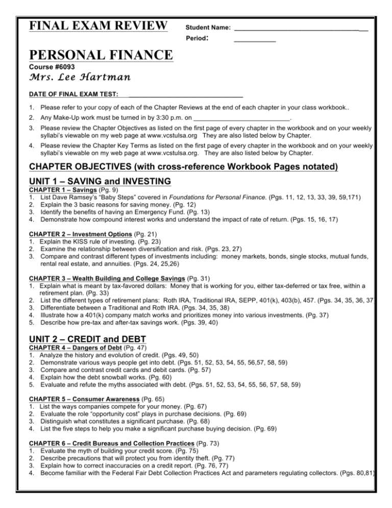 personal finance final exam review answer key