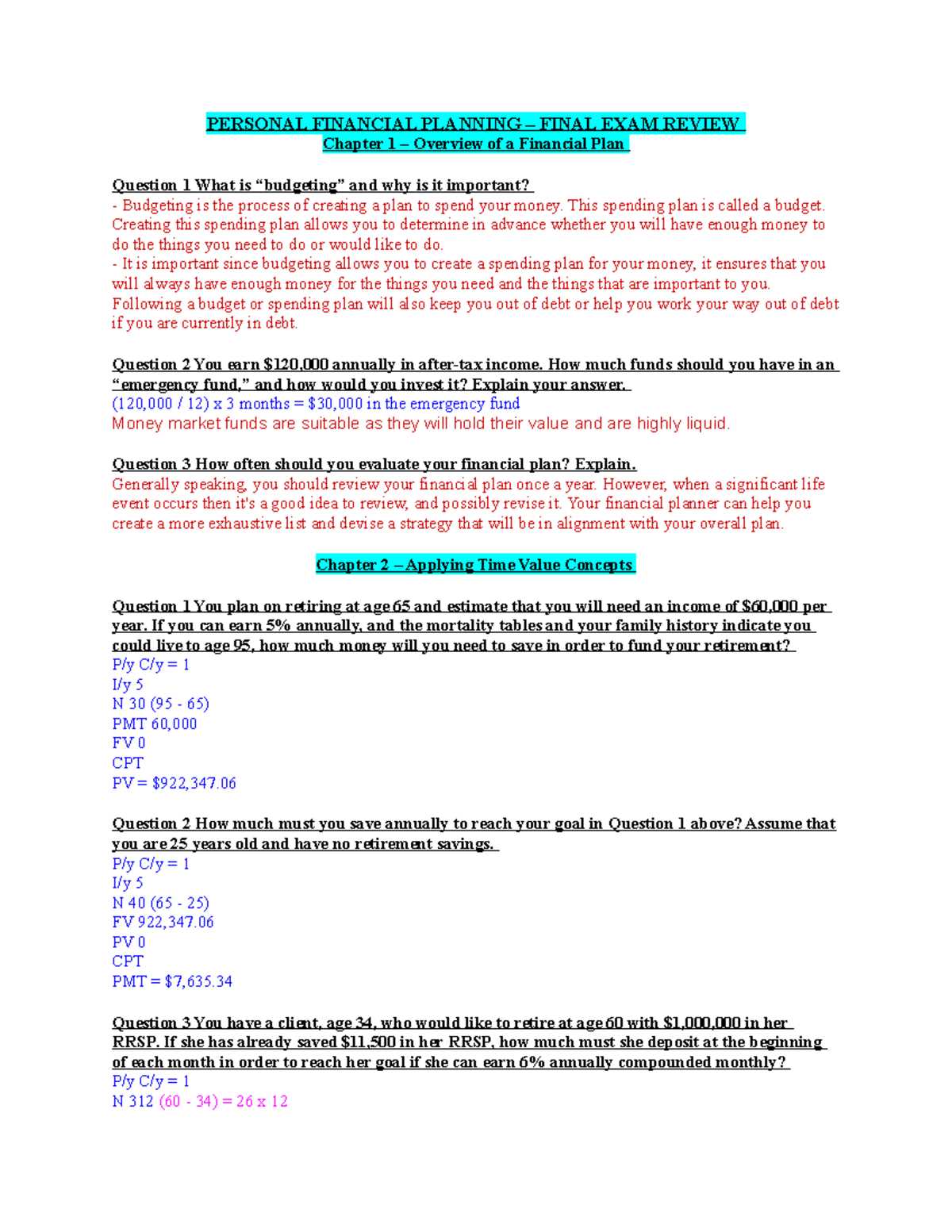 personal finance final exam review answer key